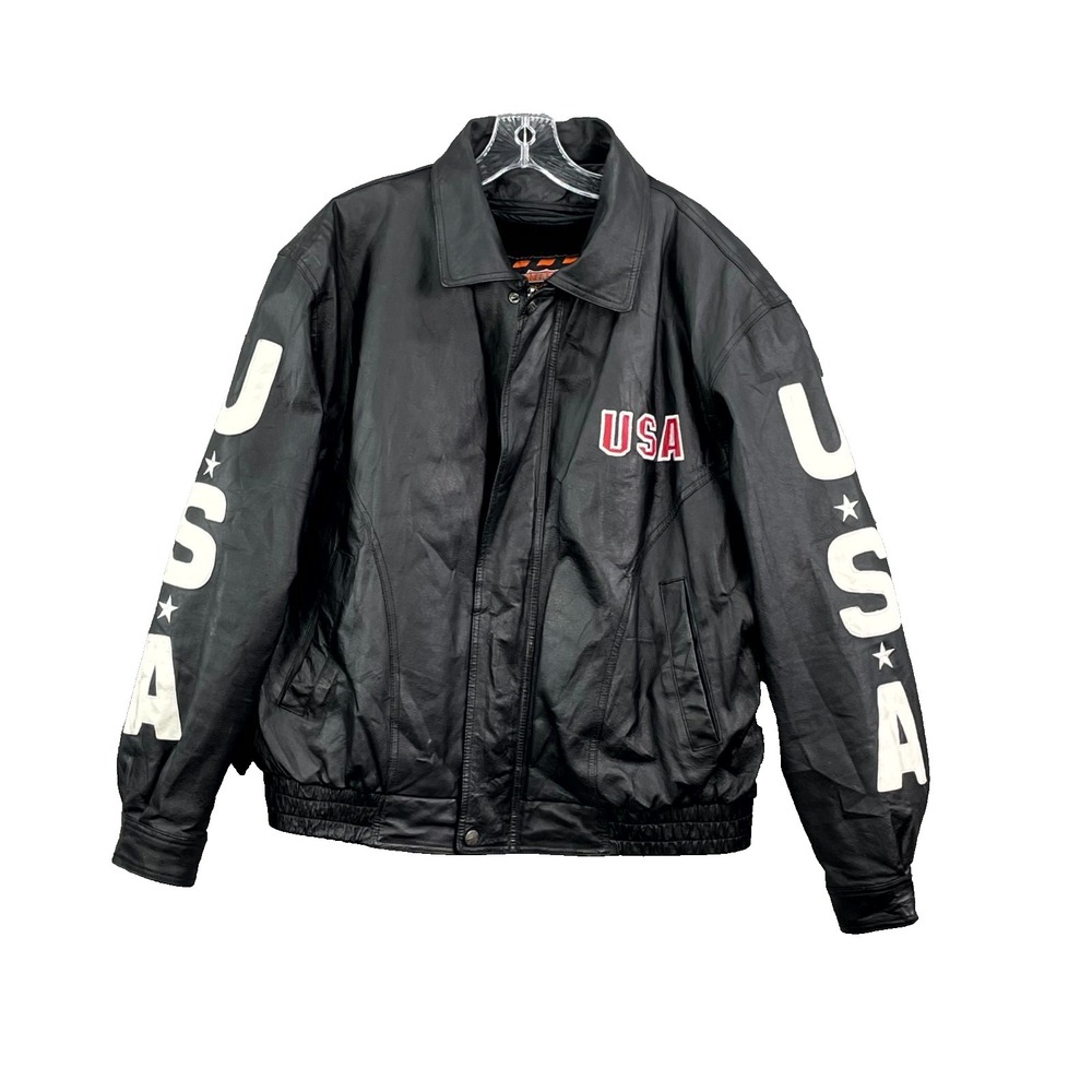 Interstate Leather‎ Jacket Men's L Black USA Eagle American Flag Patriotic Biker